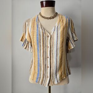 DREW Anthropologie Beverly Linen Striped Ruffle Sleeve Button-Up Top. Size Small